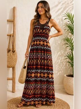 Boho Tribal Print Maxi Dress | Open Back | Multicolor Size 2